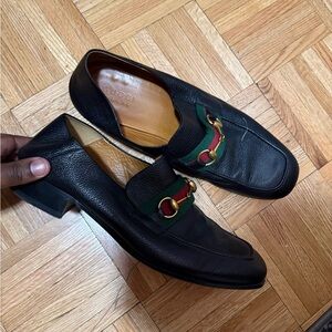 Authentic Gucci Black Leather Loafers with Green and Red Accents UK 12/ US 13